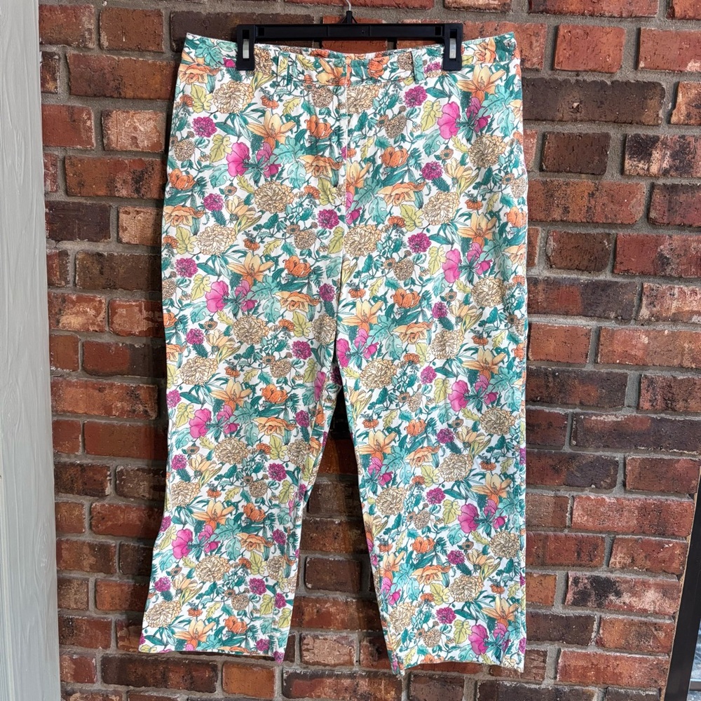 Kate Hill womens floral corduroy spring casual pants pink/green 16